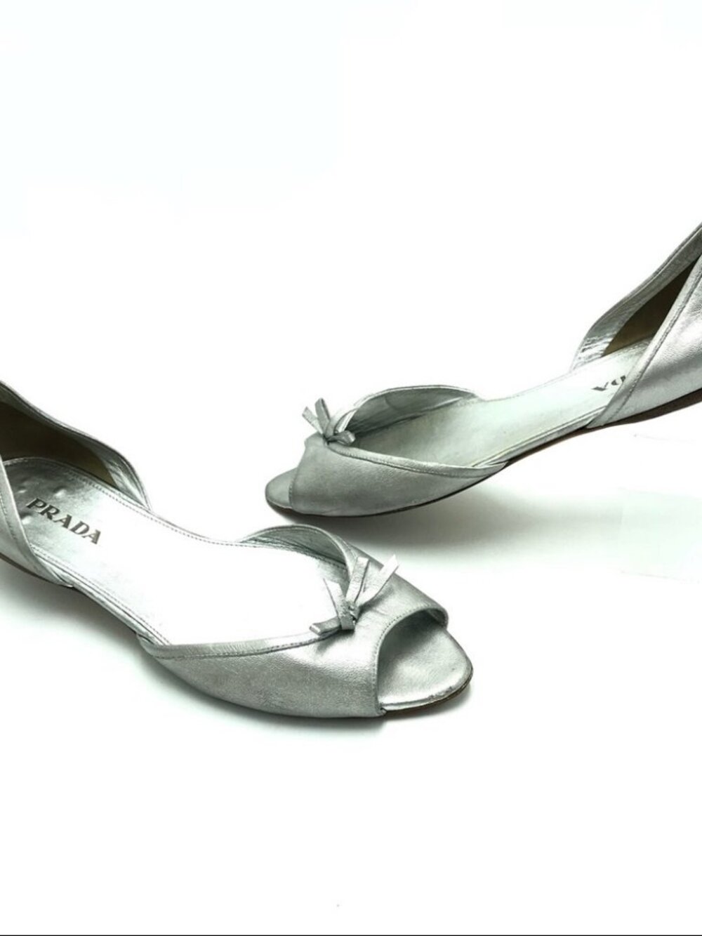Authentic Womens Prada Silver Leather Peep Toe Bow Ballet Flat Shoes 37 US/7